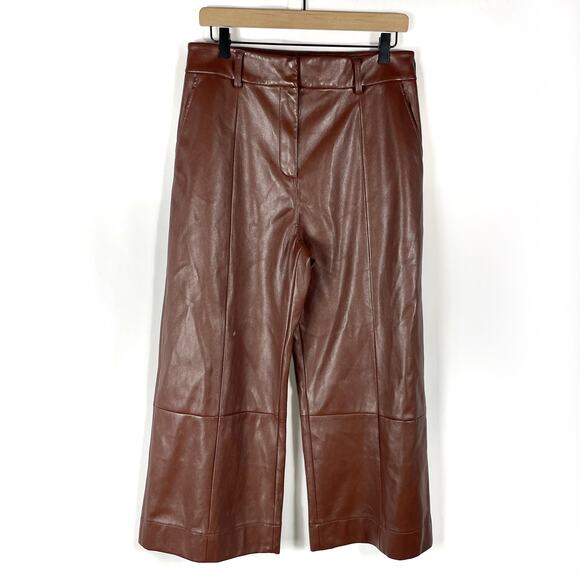 Jason Wu Faux Leather Wide‎ Leg Trousers Cropped Brown High Rise Pants Sz 8 - Picture 7 of 15